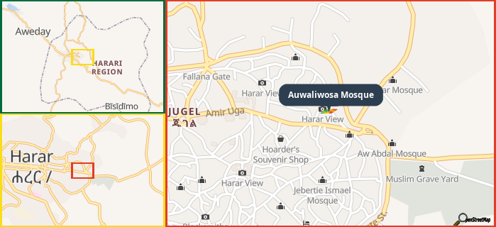 Map showing the address of Auwaliwosa Mosque in three different zoom levels.