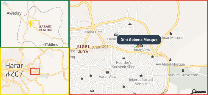 Map showing the address of Dini Gobena Mosque in three different zoom levels.