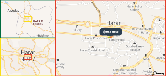 Map showing the address of Ejersa Hotel in three different zoom levels.