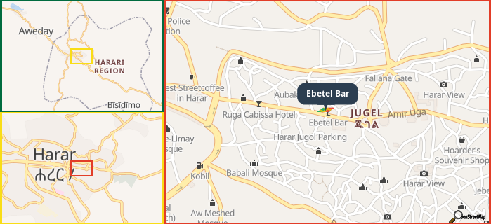 Map showing the address of Ebetel Bar in three different zoom levels.