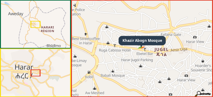 Map showing the address of Khazir Abogn Mosque in three different zoom levels.