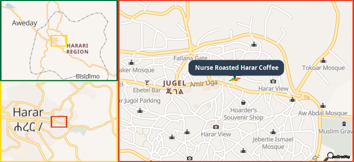 Map showing the address of Nurse Roasted Harar Coffee in three different zoom levels.