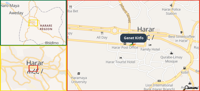Map showing the address of Genet Kitfo in three different zoom levels.