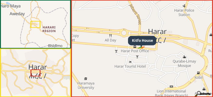 Map showing the address of Kitfo House in three different zoom levels.