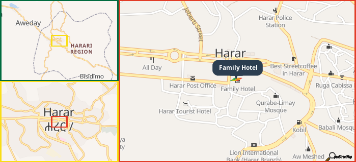 Map showing the address of Family Hotel in three different zoom levels.