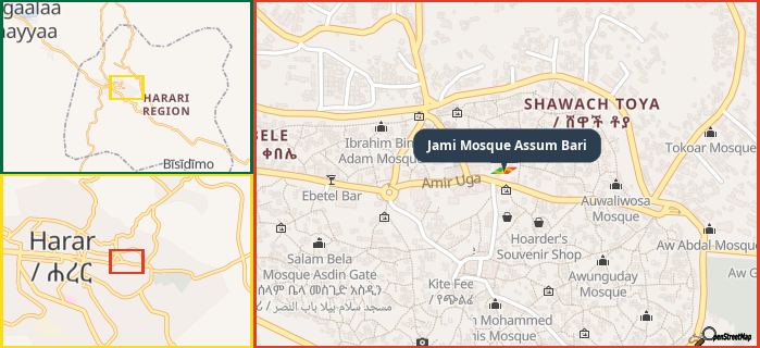 Map showing the address of Jami Mosque Assum Bari in three different zoom levels.