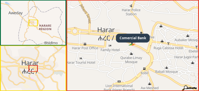 Map showing the address of Comercial Bank in three different zoom levels.