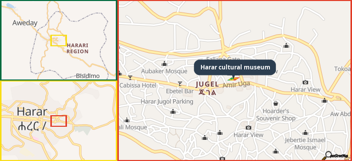 Map showing the address of Harar cultural museum in three different zoom levels.