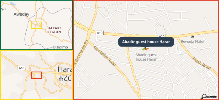 Map showing the address of Abadir guest house Harar in three different zoom levels.