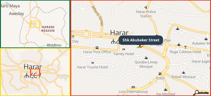 Map showing the address of Shk Abubeker Street in three different zoom levels.