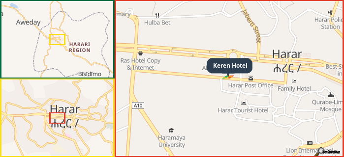 Map showing the address of Keren Hotel in three different zoom levels.