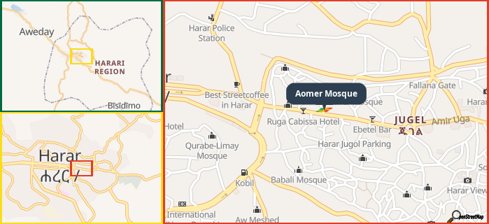 Map showing the address of Aomer Mosque in three different zoom levels.