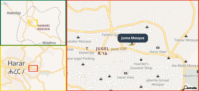 Map showing the address of Juma Mosque in three different zoom levels.