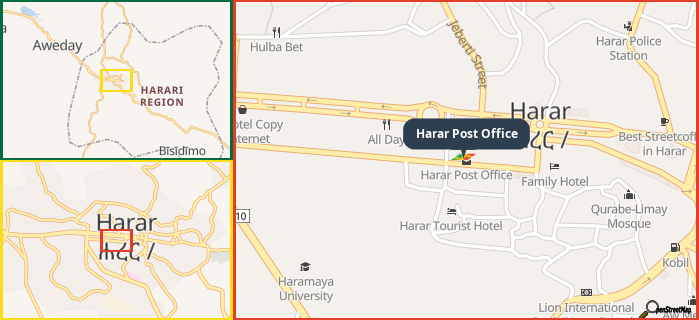 Map showing the address of Harar Post Office in three different zoom levels.