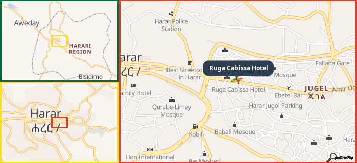 Map showing the address of Ruga Cabissa Hotel in three different zoom levels.