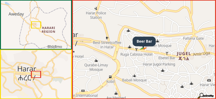 Map showing the address of Beer Bar in three different zoom levels.