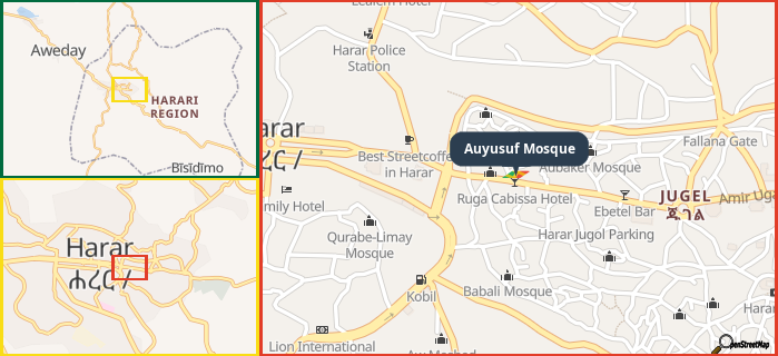 Map showing the address of Auyusuf Mosque in three different zoom levels.