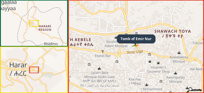 Map showing the address of Tomb of Emir Nur in three different zoom levels.