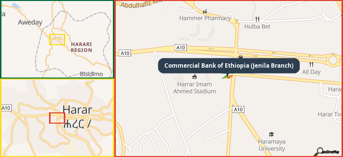 Map showing the address of Commercial Bank of Ethiopia (Jenila Branch) in three different zoom levels.