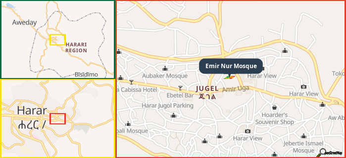 Map showing the address of Emir Nur Mosque in three different zoom levels.