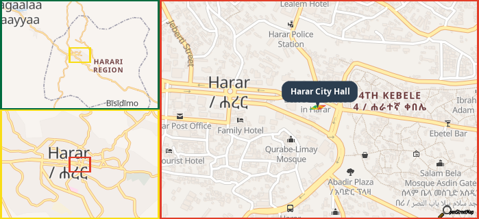 Map showing the address of Harar City Hall in three different zoom levels.