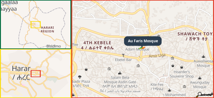 Map showing the address of Au Faris Mosque in three different zoom levels.