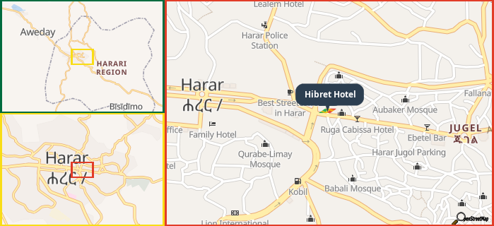 Map showing the address of Hibret Hotel in three different zoom levels.