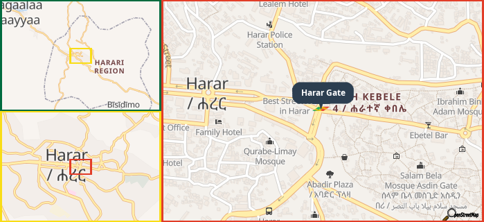 Map showing the address of Harar Gate in three different zoom levels.