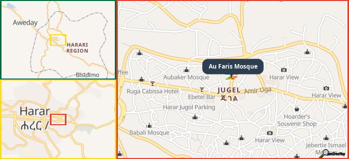 Map showing the address of Au Faris Mosque in three different zoom levels.