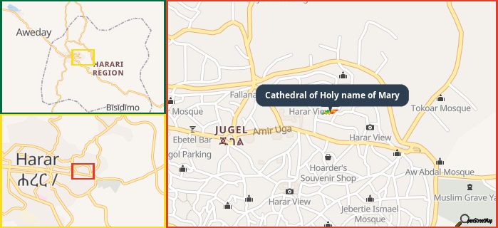 Map showing the address of Cathedral of Holy name of Mary in three different zoom levels.