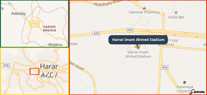 Map showing the address of Harrar Imam Ahmed Stadium in three different zoom levels.
