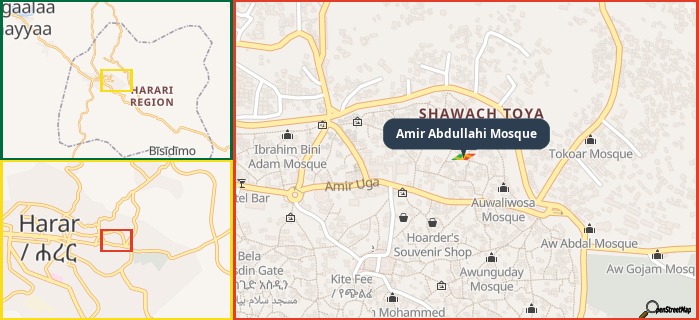 Map showing the address of Amir Abdullahi Mosque in three different zoom levels.