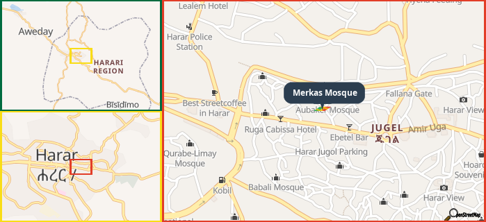 Map showing the address of Merkas Mosque in three different zoom levels.