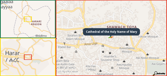 Map showing the address of Cathedral of the Holy Name of Mary in three different zoom levels.
