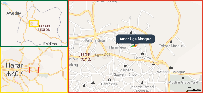 Map showing the address of Amer Uga Mosque in three different zoom levels.