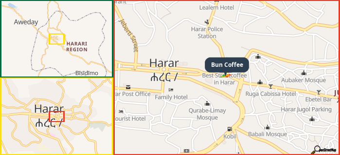Map showing the address of Bun Coffee in three different zoom levels.