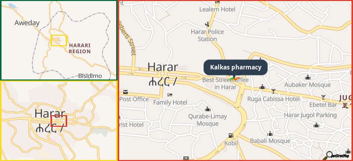 Map showing the address of Kalkas pharmacy in three different zoom levels.