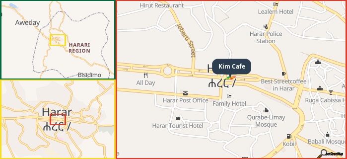 Map showing the address of Kim Cafe in three different zoom levels.