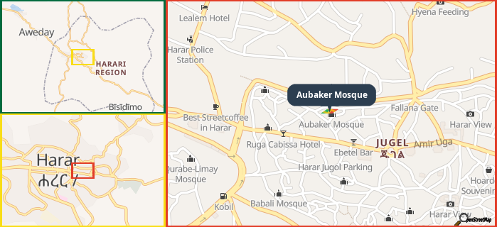 Map showing the address of Aubaker Mosque in three different zoom levels.