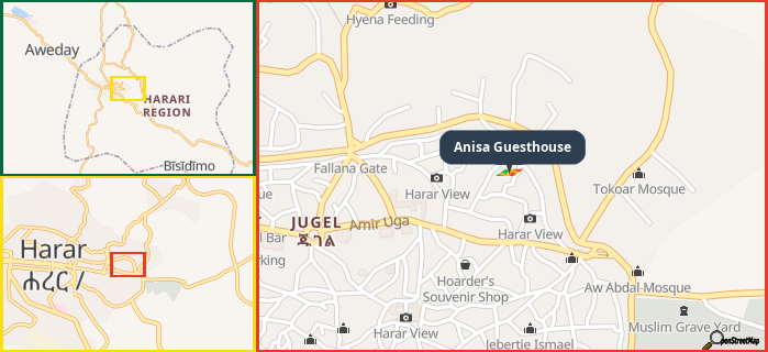 Map showing the address of Anisa Guesthouse  in three different zoom levels.