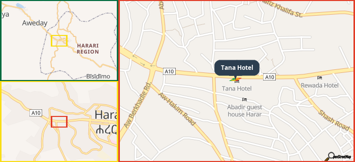 Map showing the address of Tana Hotel in three different zoom levels.