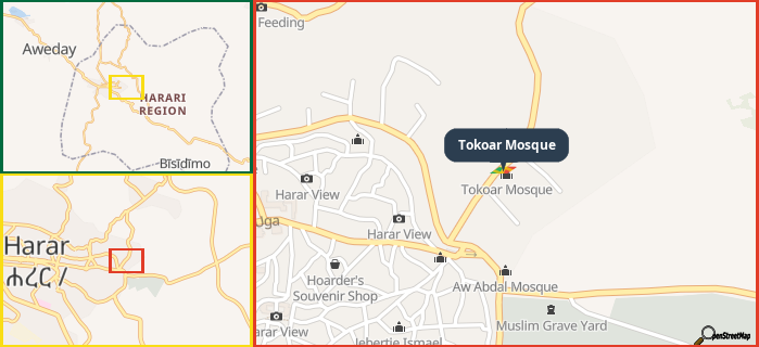 Map showing the address of Tokoar Mosque in three different zoom levels.