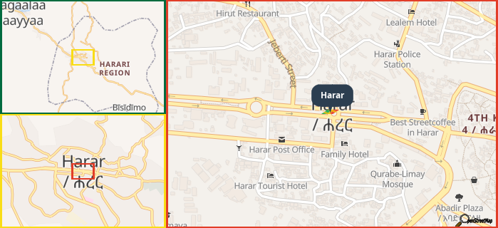 Map showing the address of Harar in three different zoom levels.
