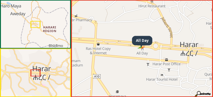 Map showing the address of All Day in three different zoom levels.