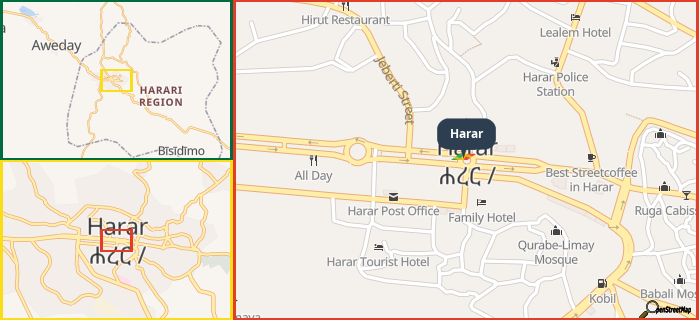 Map showing the address of Harar in three different zoom levels.