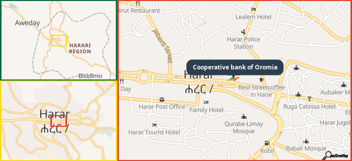 Map showing the address of Cooperative bank of Oromia in three different zoom levels.