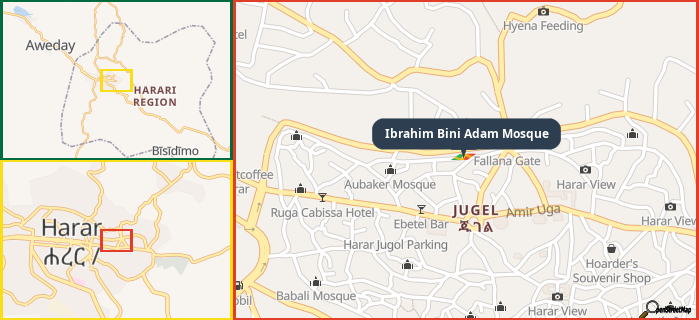 Map showing the address of Ibrahim Bini Adam Mosque in three different zoom levels.