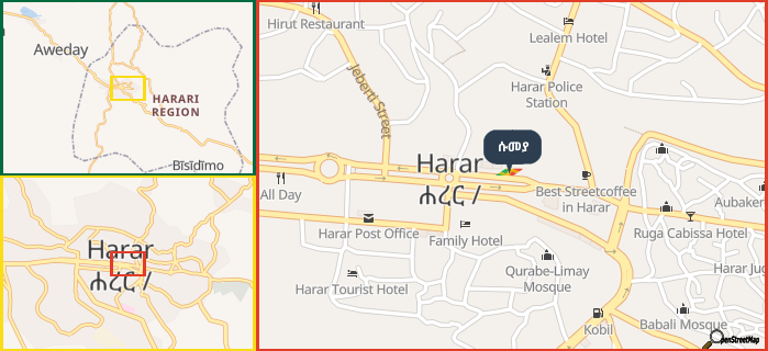 Map showing the address of ሱመያ in three different zoom levels.