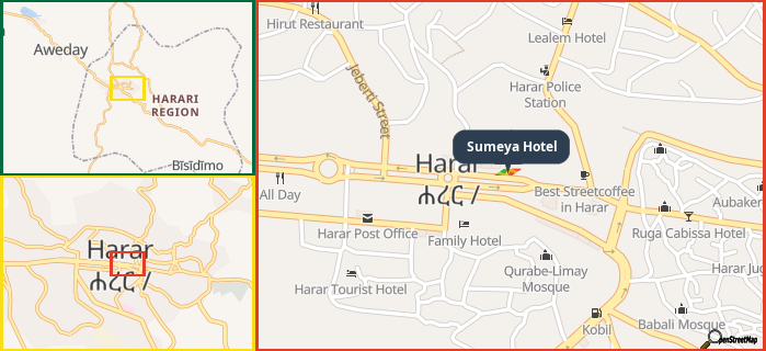 Map showing the address of Sumeya Hotel in three different zoom levels.
