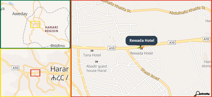 Map showing the address of Rewada Hotel in three different zoom levels.